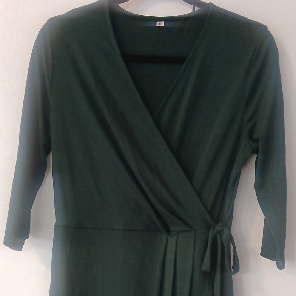 Daisy Green 3/4 Sleeve Wrap Dress with V-Neck